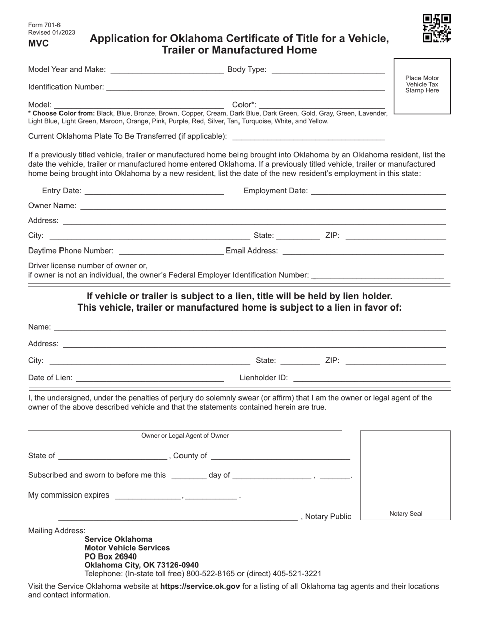 Form 701-6 Application for Oklahoma Certificate of Title for a Vehicle, Trailer or Manufactured Home - Oklahoma, Page 1