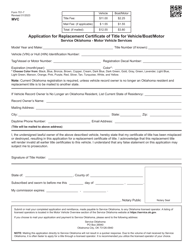 Document preview: Form 701-7 Application for Replacement Certificate of Title for Vehicle/Boat/Motor - Oklahoma