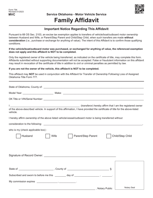 Form 794 Family Affidavit - Oklahoma