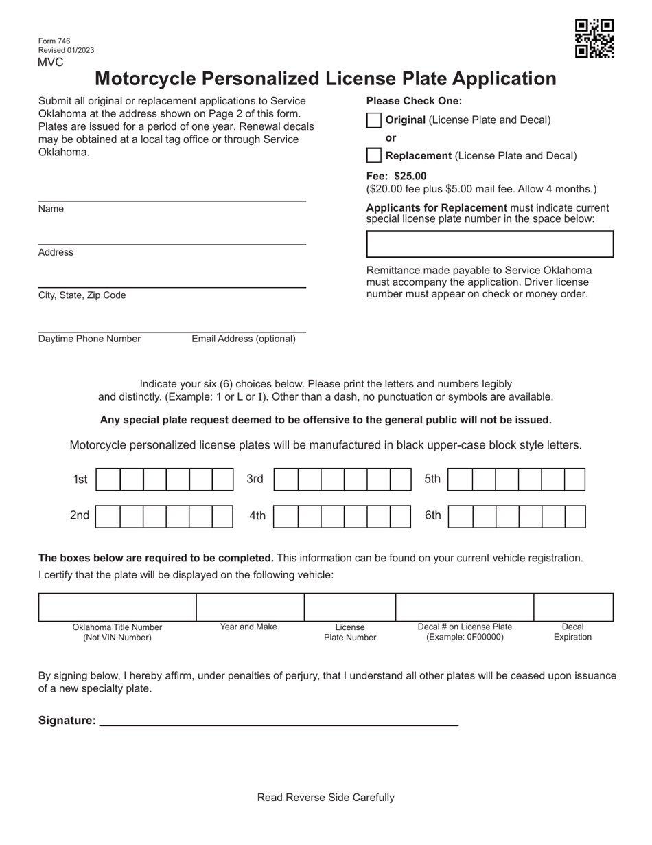 Form 746 Motorcycle Personalized License Plate Application - Oklahoma, Page 1