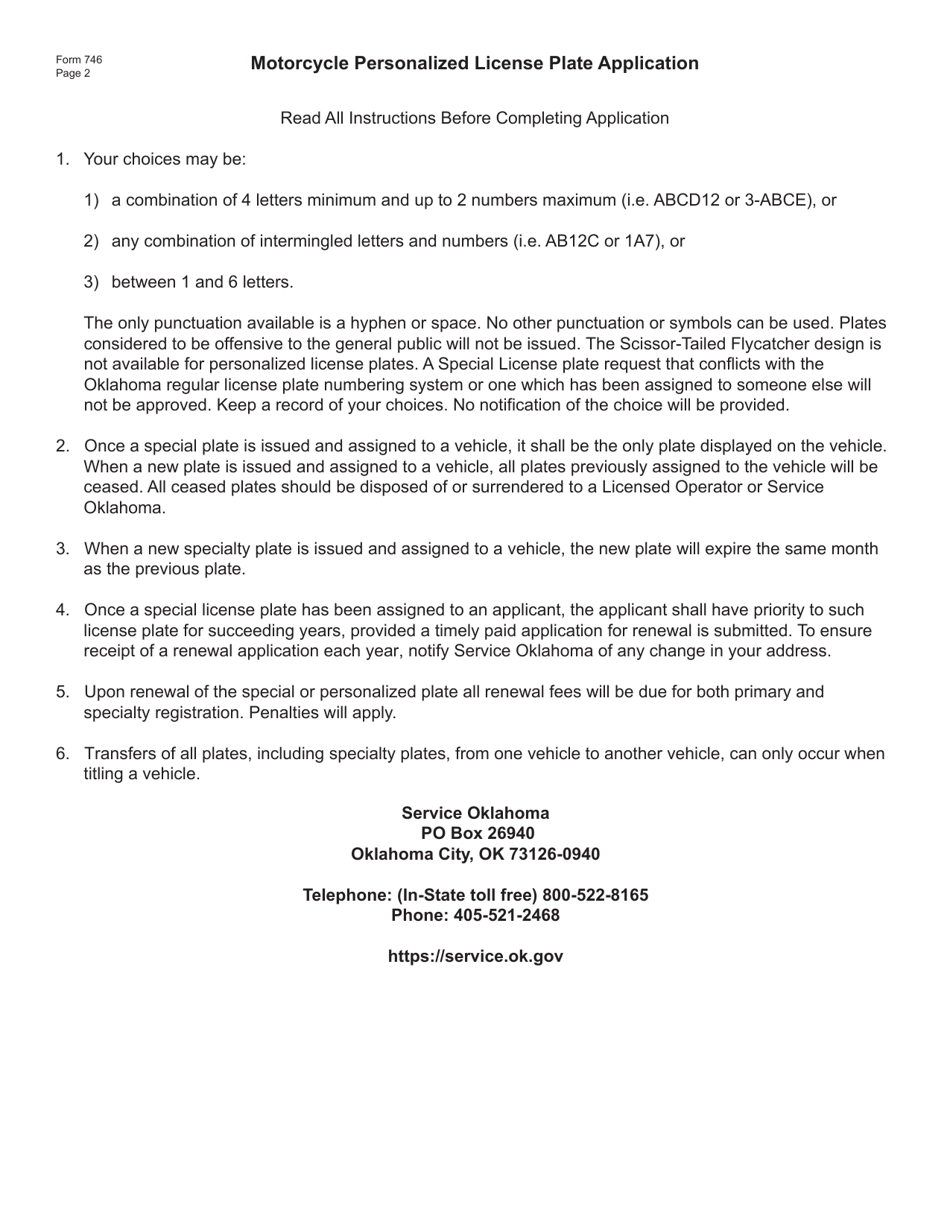 Form 746 Motorcycle Personalized License Plate Application - Oklahoma, Page 2