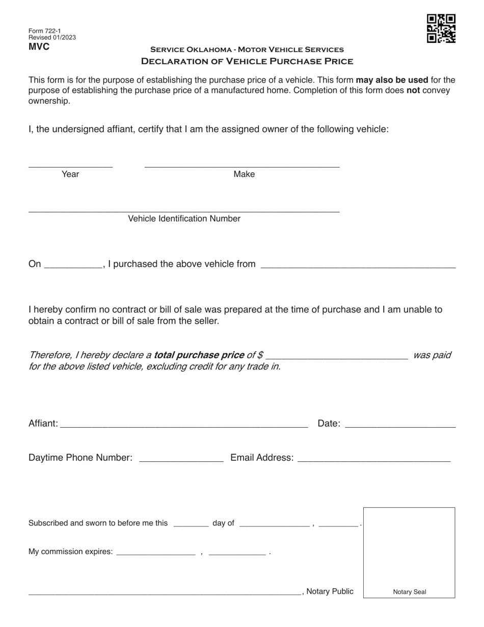 Form 722-1 Declaration of Vehicle Purchase Price - Oklahoma, Page 1