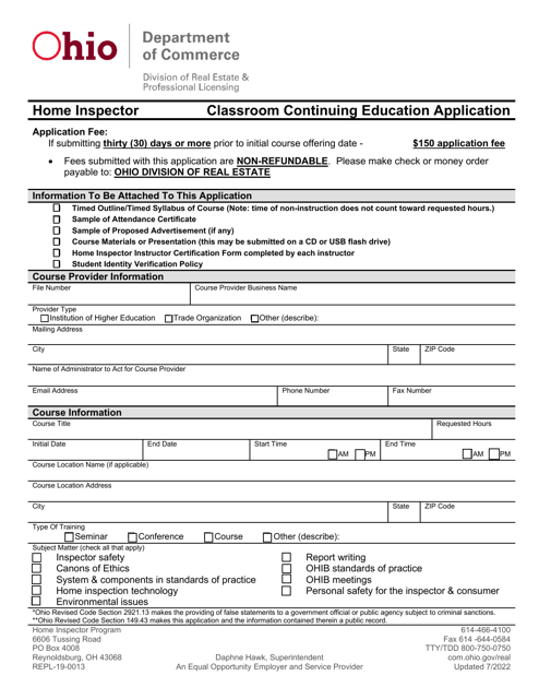 Form REPL-19-0013 Home Inspector Classroom Continuing Education Application - Ohio