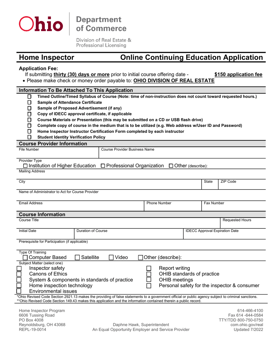 Form REPL-19-0014 Home Inspector Online Continuing Education Application - Ohio, Page 1