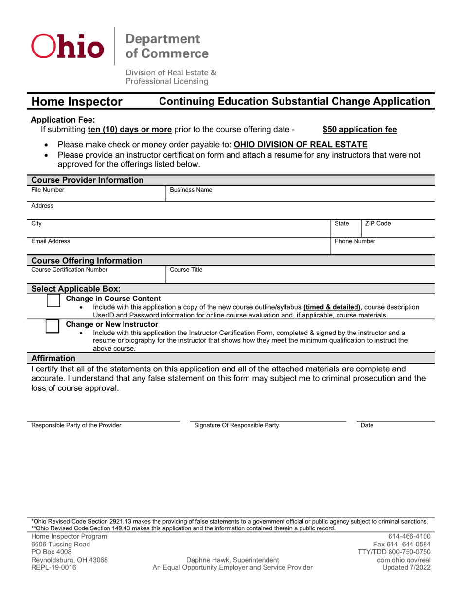 Form REPL-19-0016 Home Inspector Continuing Education Substantial Change Application - Ohio, Page 1