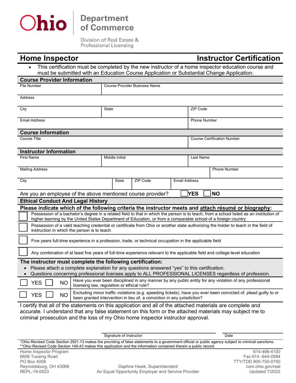 Form REPL-19-0023 Home Inspector Instructor Certification - Ohio, Page 1
