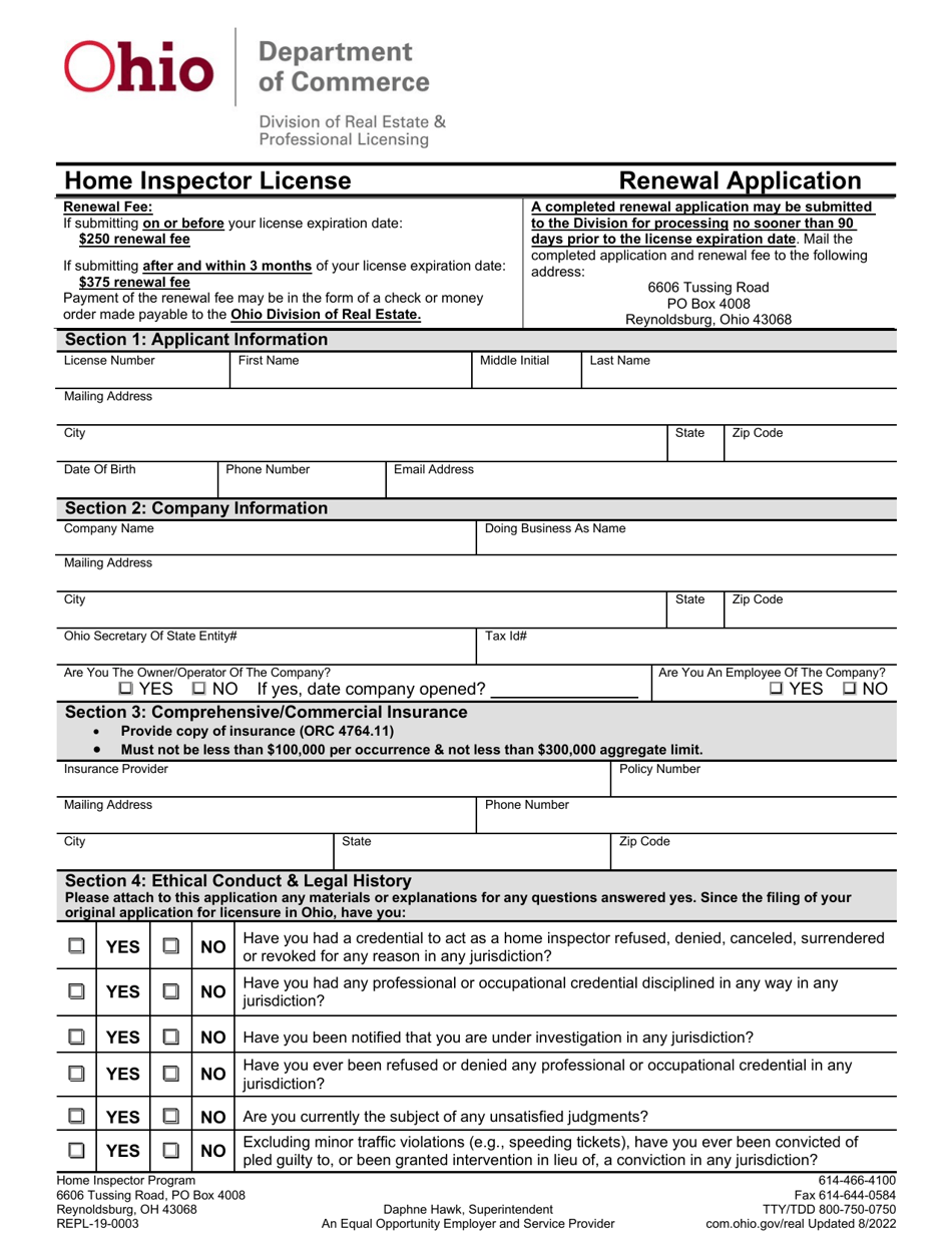 Form REPL-19-0003 Home Inspector License Renewal Application - Ohio, Page 1