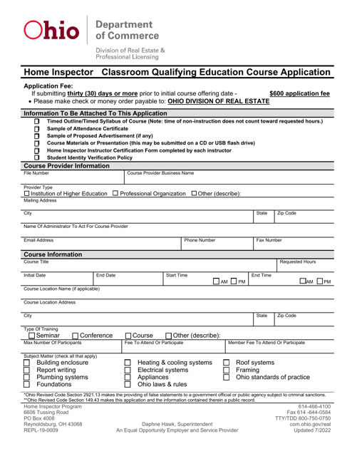 Form REPL-19-009 Home Inspector Classroom Qualifying Education Course Application - Ohio