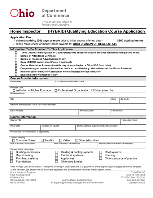 Form REPL-20-001 Home Inspector (Hybrid) Qualifying Education Course Application - Ohio