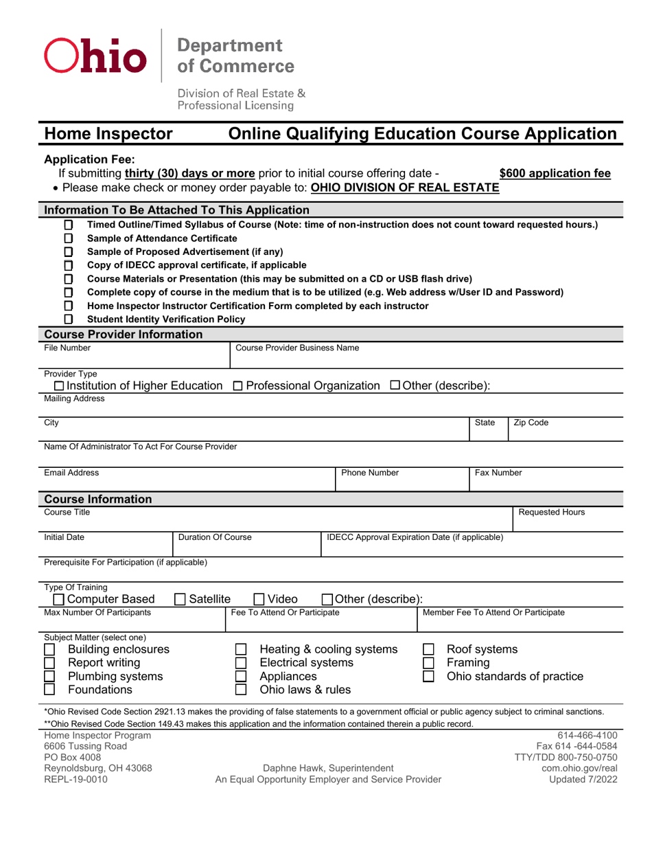 Form REPL-19-0010 Home Inspector Online Qualifying Education Course Application - Ohio, Page 1