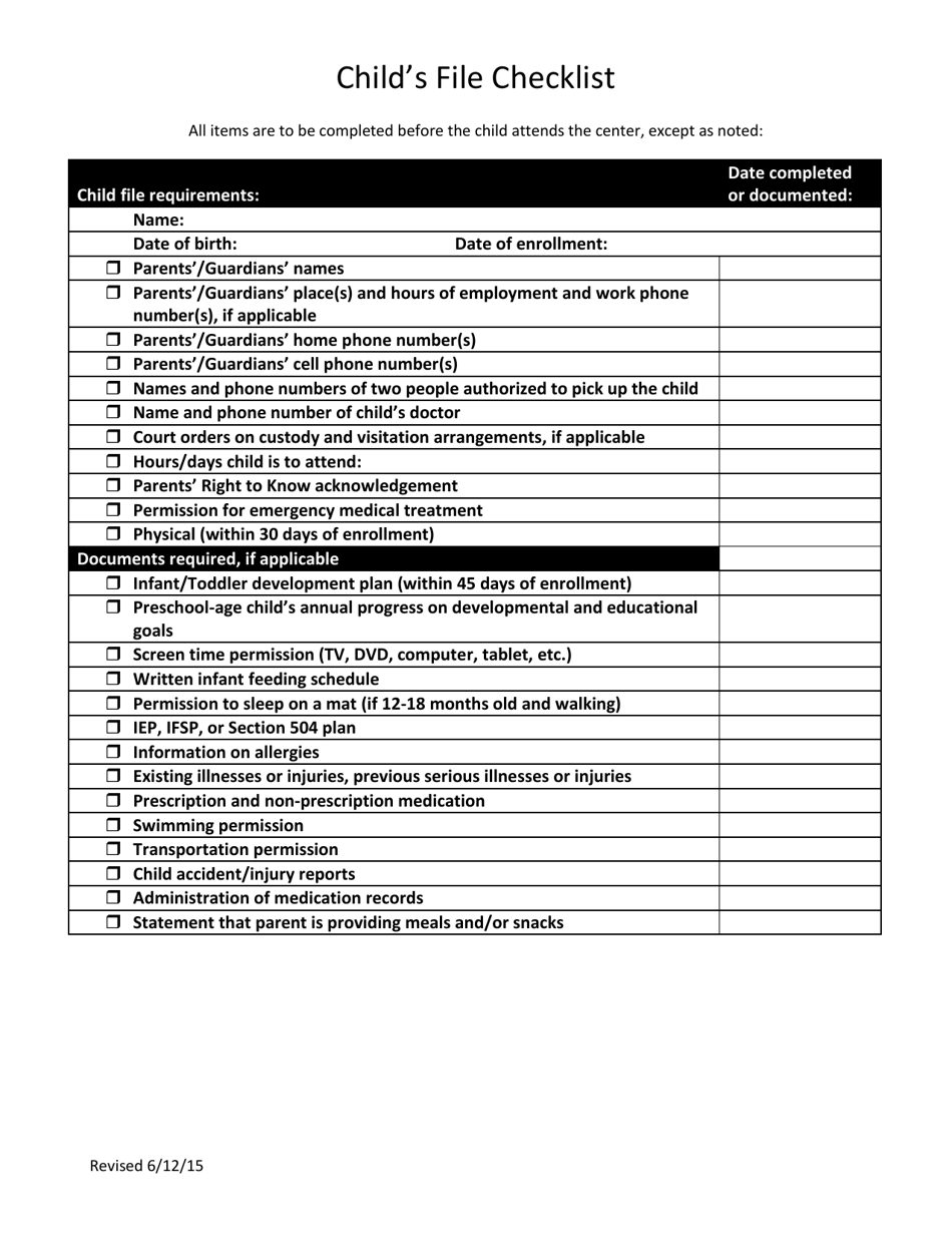 Childs File Checklist - Delaware, Page 1