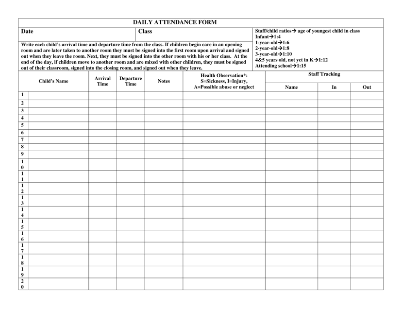 Daily Attendance Form - Delaware Download Pdf