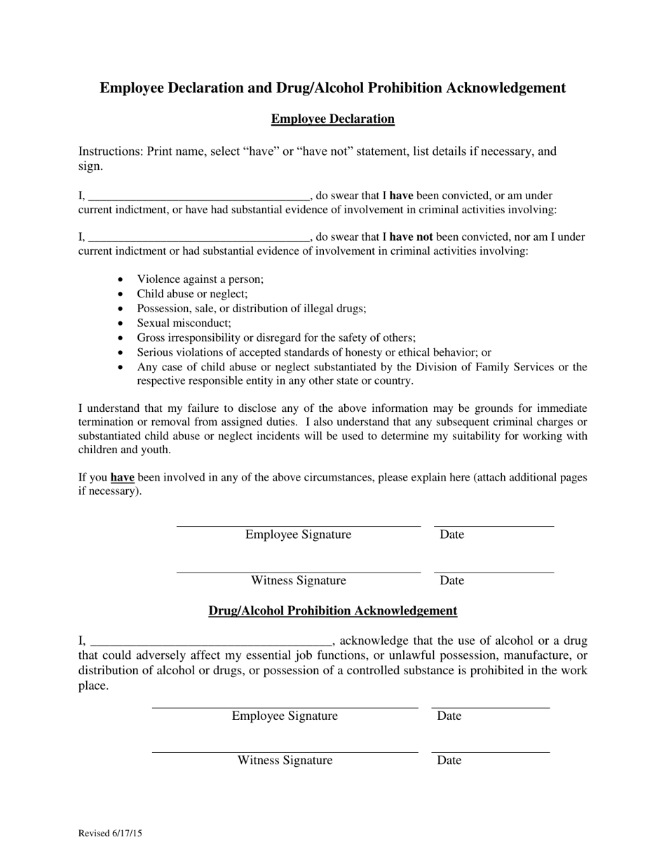 Employee Declaration and Drug / Alcohol Prohibition Acknowledgement - Delaware, Page 1