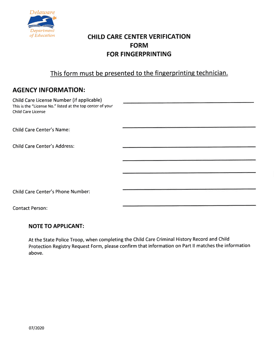 Child Care Center Verification Form for Fingerprinting - Delaware, Page 1