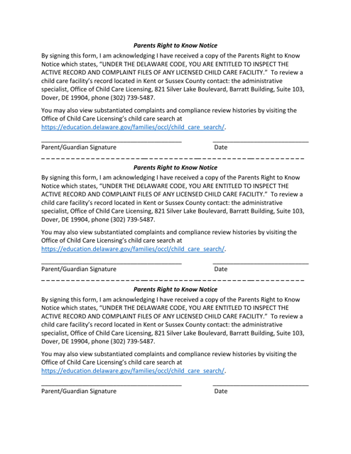 Parents Right to Know Notice - Kent and Sussex Counties - for Tours - Delaware Download Pdf