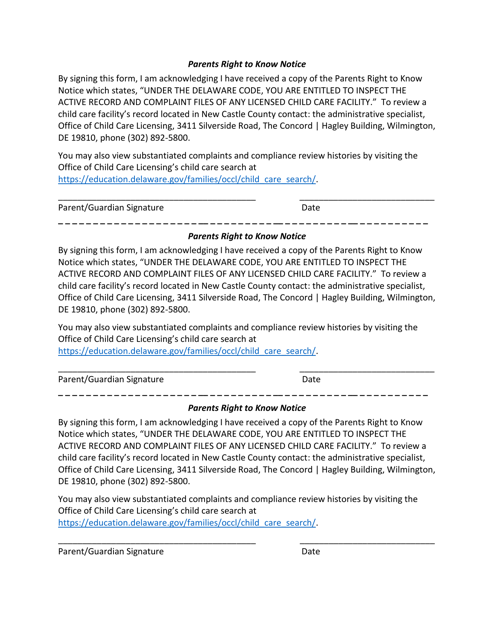 Parents Right to Know Notice - New Castle County - for Tours - Delaware Download Pdf