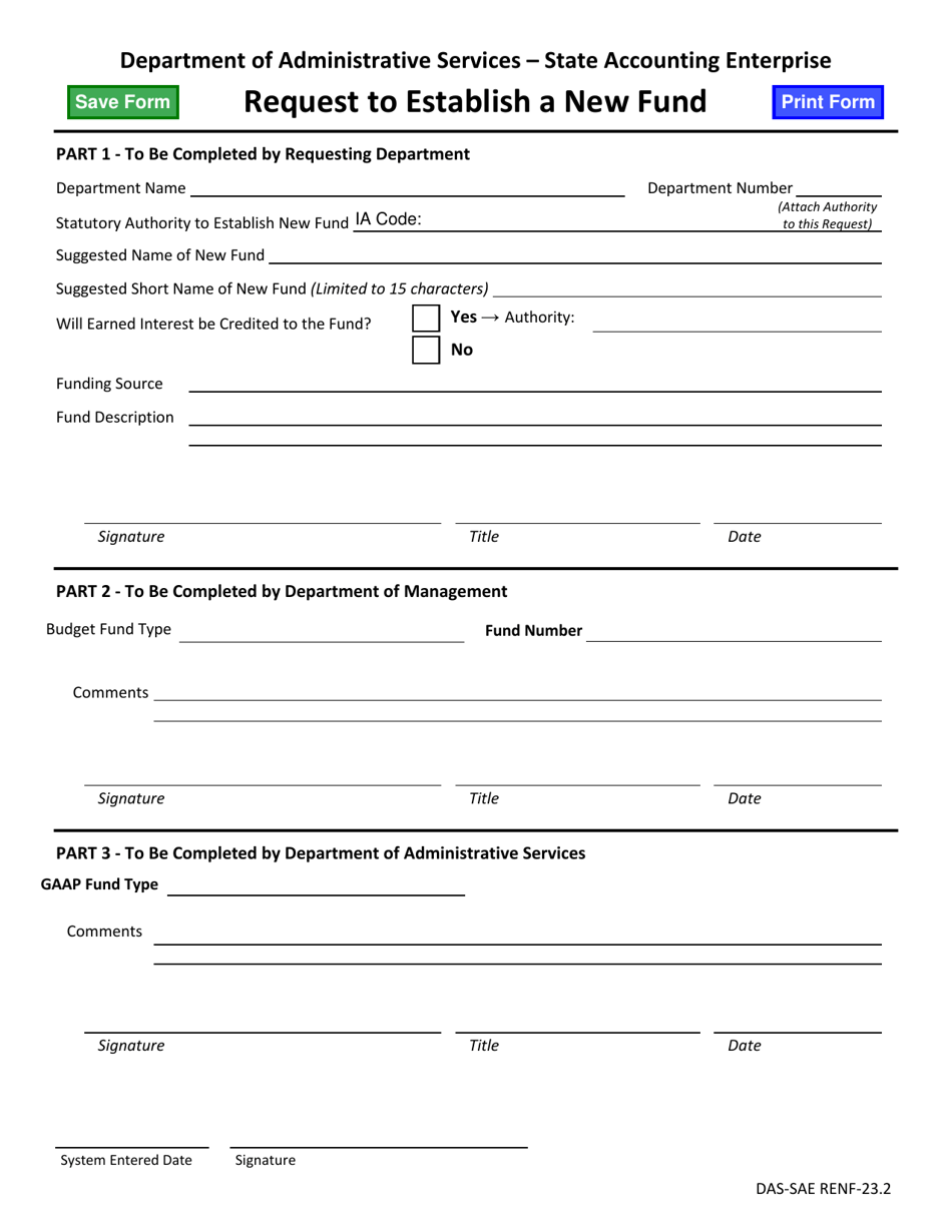 Form DAS-SAE RENF-23.2 Request to Establish a New Fund - Iowa, Page 1