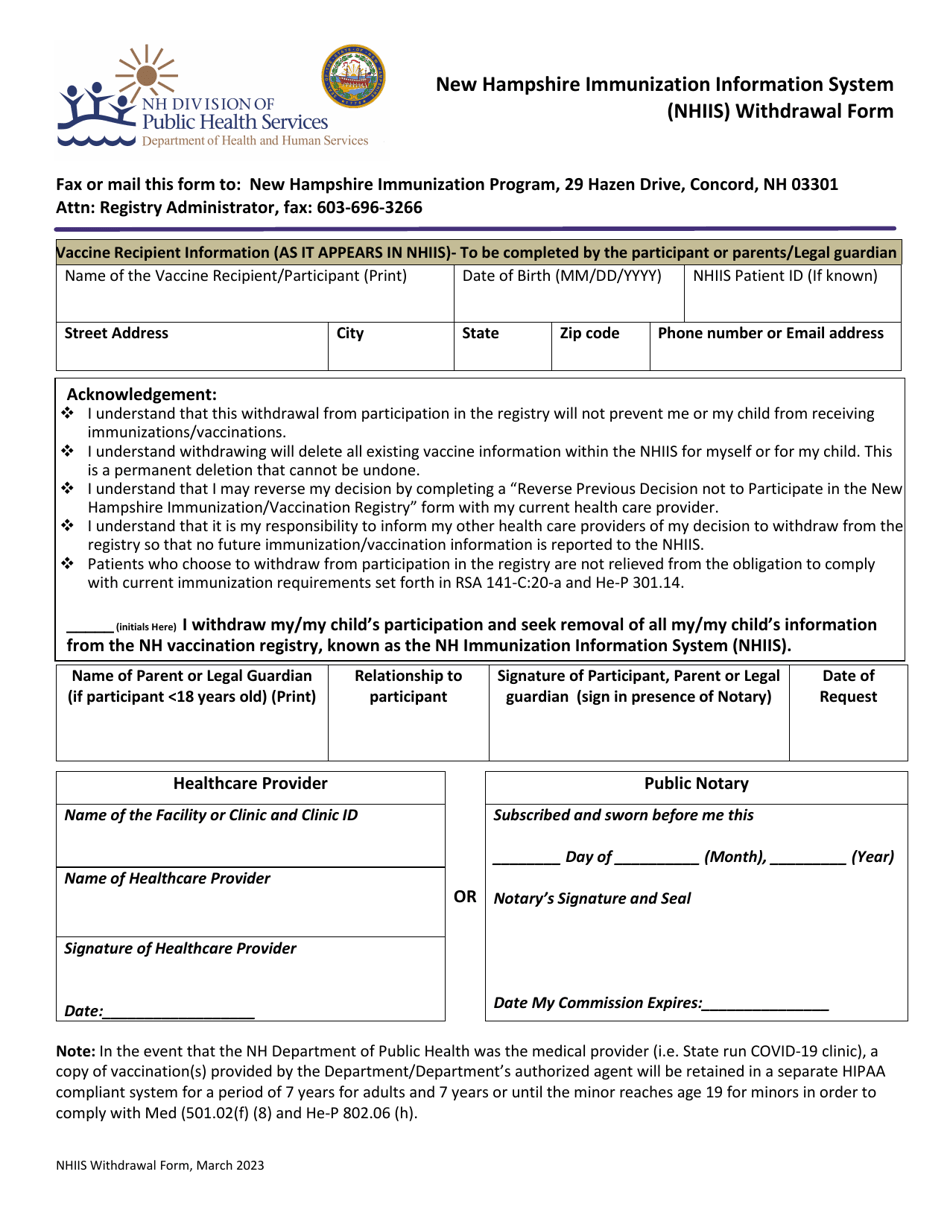 New Hampshire Immunization Information System (Nhiis) Withdrawal Form - New Hampshire, Page 1