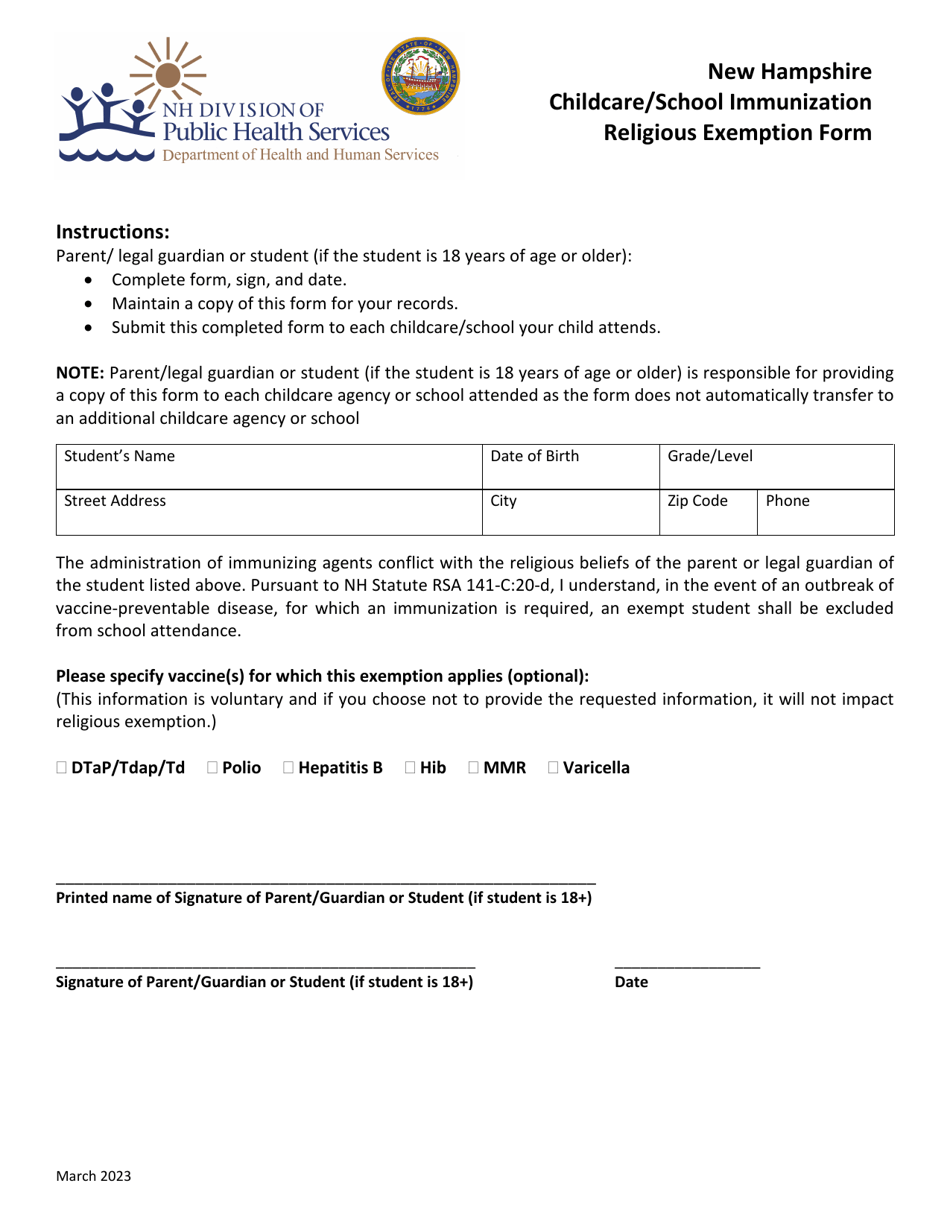New Hampshire Childcare / School Immunization Religious Exemption Form - New Hampshire, Page 1