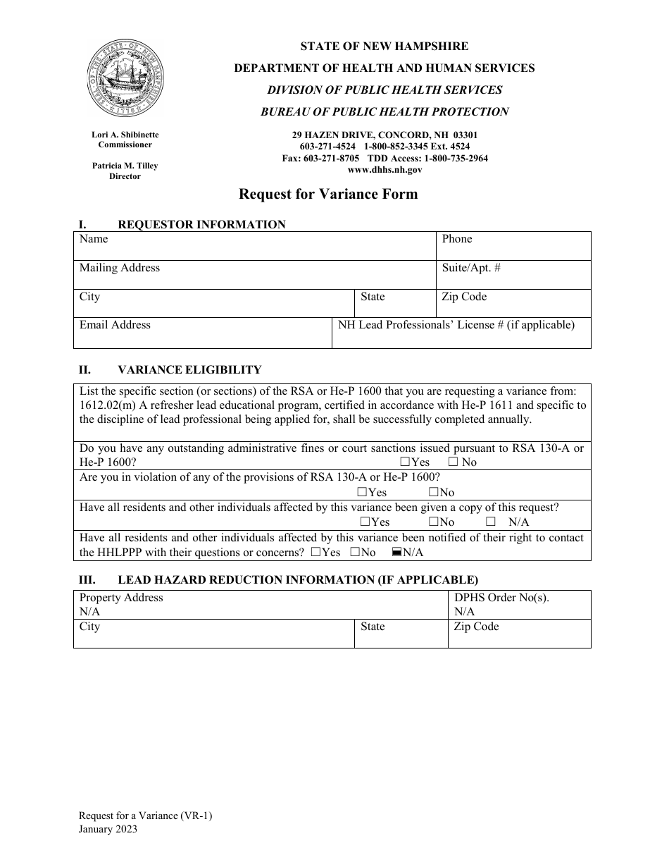 Form VR-1 Request for Variance Form - New Hampshire, Page 1