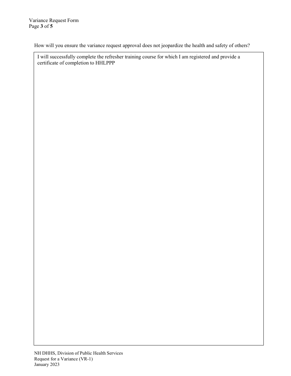 Form VR-1 Request for Variance Form - New Hampshire, Page 3