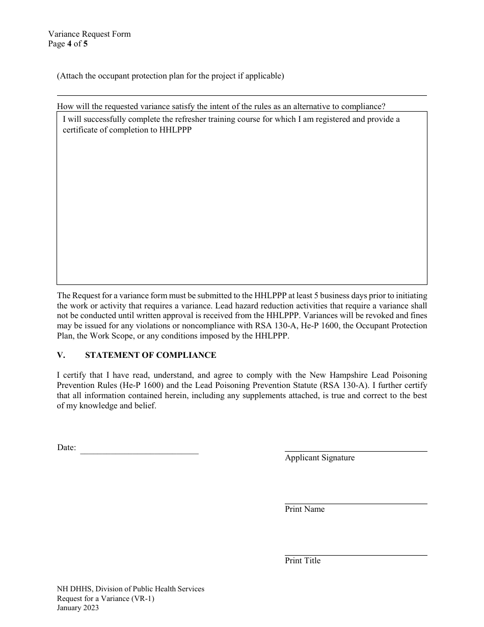 Form VR-1 Request for Variance Form - New Hampshire, Page 4