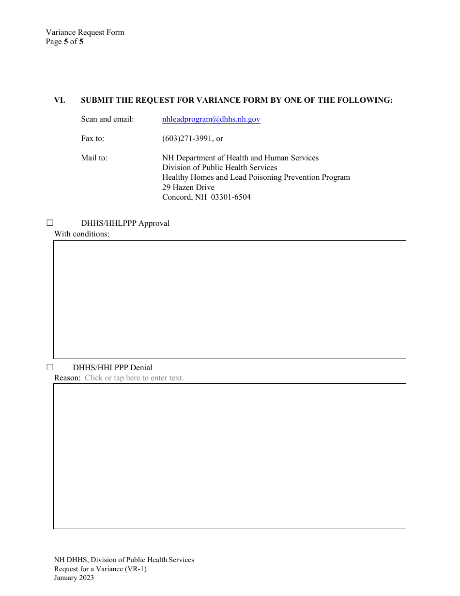 Form VR-1 Request for Variance Form - New Hampshire, Page 5