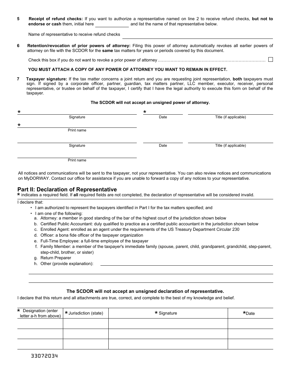 Form SC2848 Power of Attorney and Declaration of Representative - South Carolina, Page 2