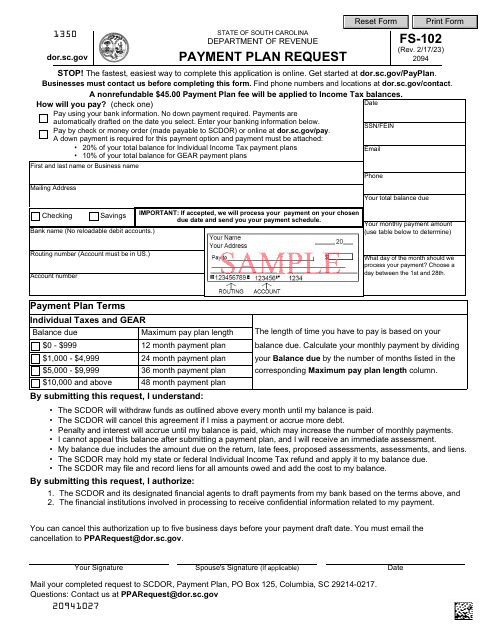 Form FS-102 Payment Plan Request - South Carolina
