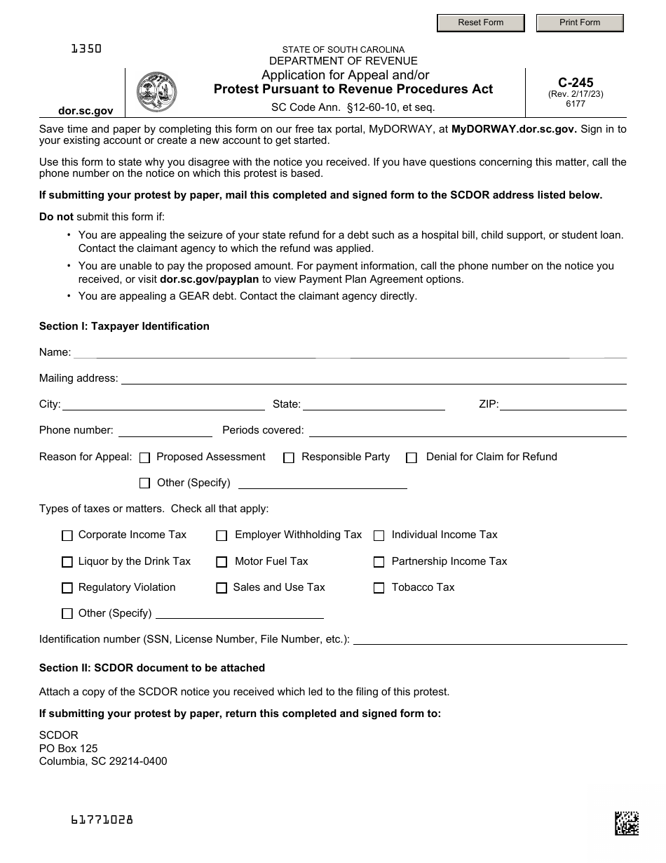 Form C-245 Protest Pursuant to Revenue Procedures Act - South Carolina, Page 1