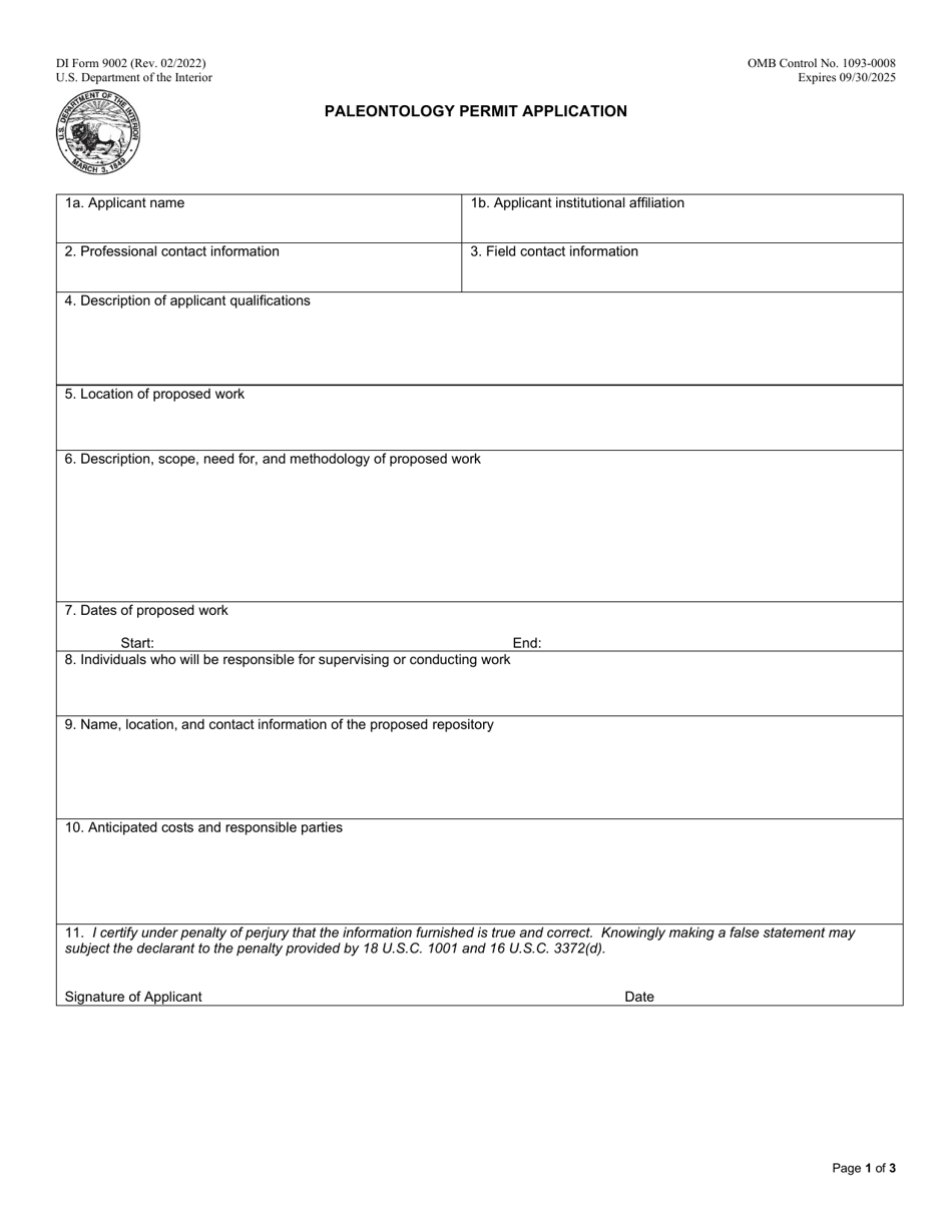 Form DI-9002 Paleontology Permit Application, Page 1