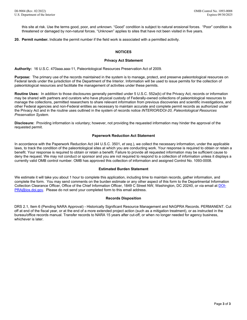 Form DI-9004 Paleontology Locality Record, Page 3