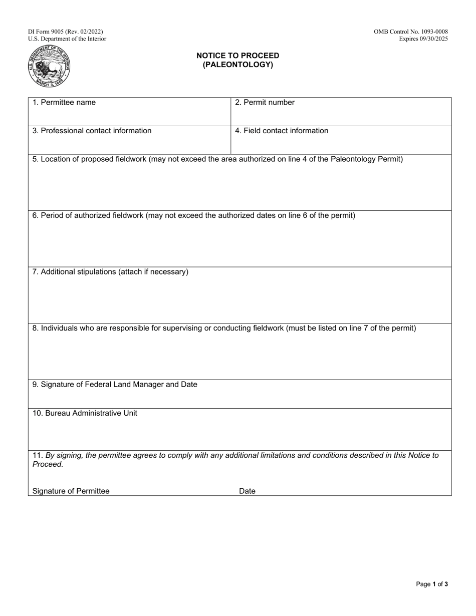 Form DI-9005 Notice to Proceed (Paleontology), Page 1