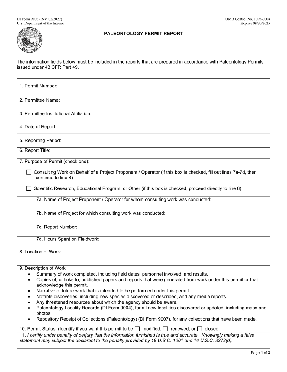 Form DI-9006 Paleontology Permit Report, Page 1