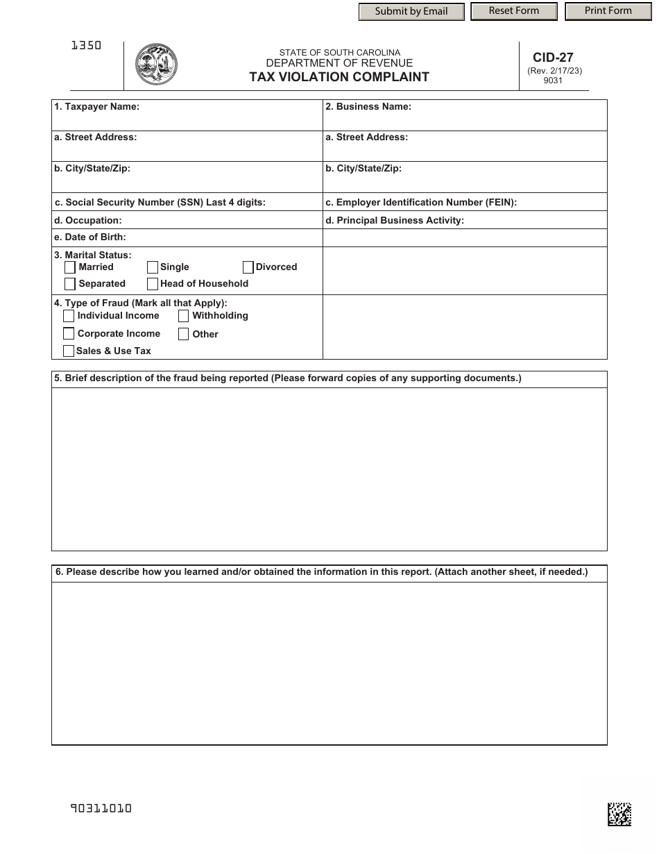 Form CID-27 Tax Violation Complaint - South Carolina, Page 1