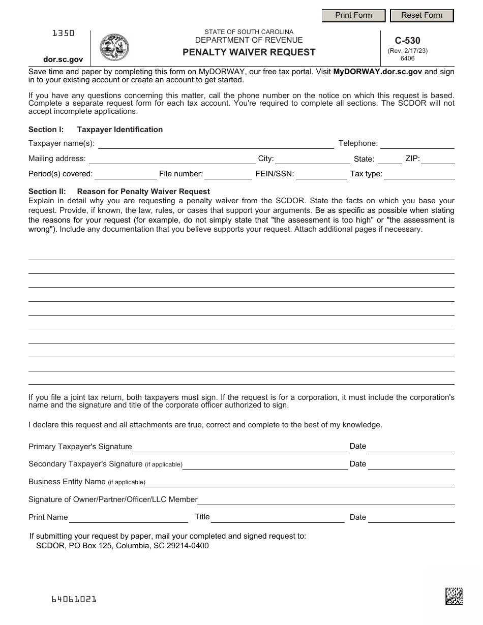 Form C-530 Penalty Waiver Request - South Carolina, Page 1