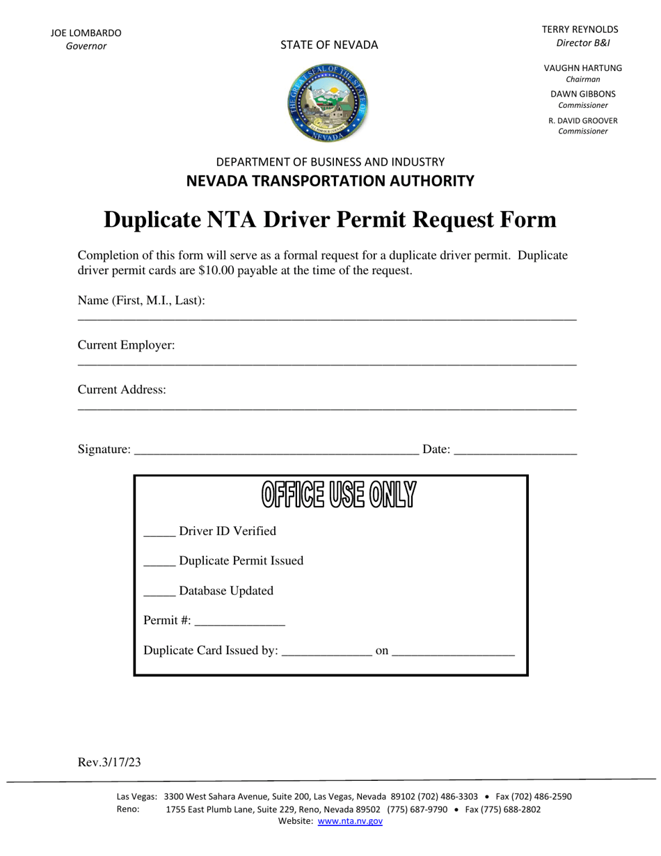 Nevada Duplicate Nta Driver Permit Request Form Fill Out, Sign Online and Download PDF