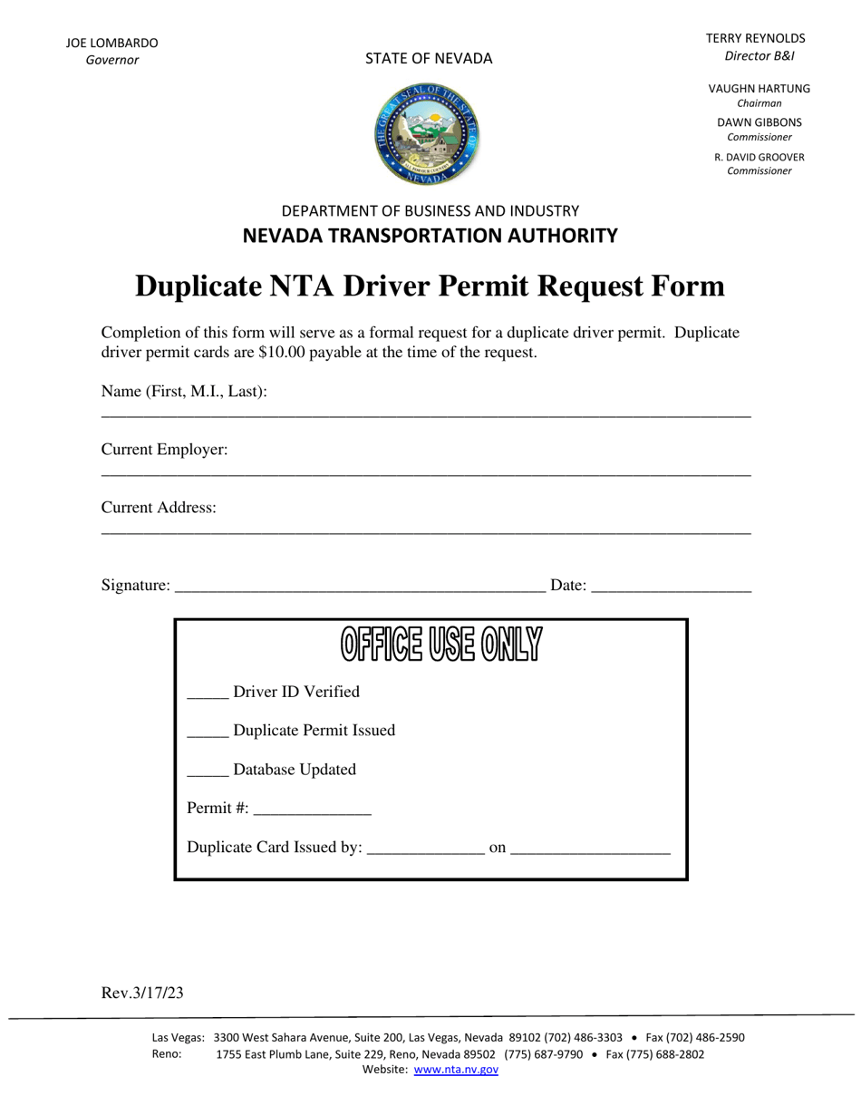 Duplicate Nta Driver Permit Request Form - Nevada, Page 1