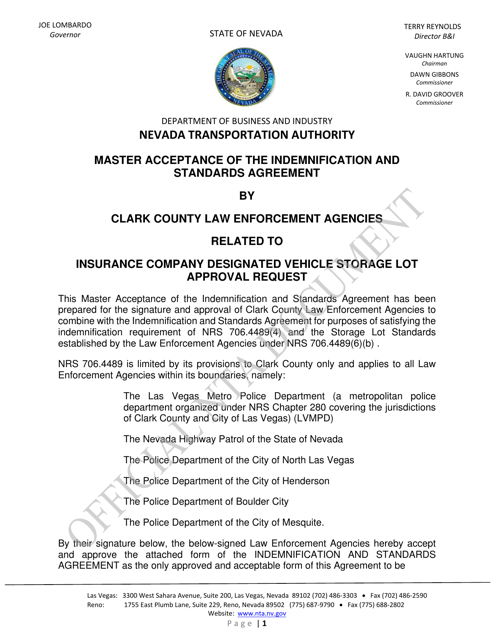 Master Acceptance of the Indemnification and Standards Agreement by Clark County Law Enforcement Agencies Related to Insurance Company Designated Vehicle Storage Lot Approval Request - Nevada