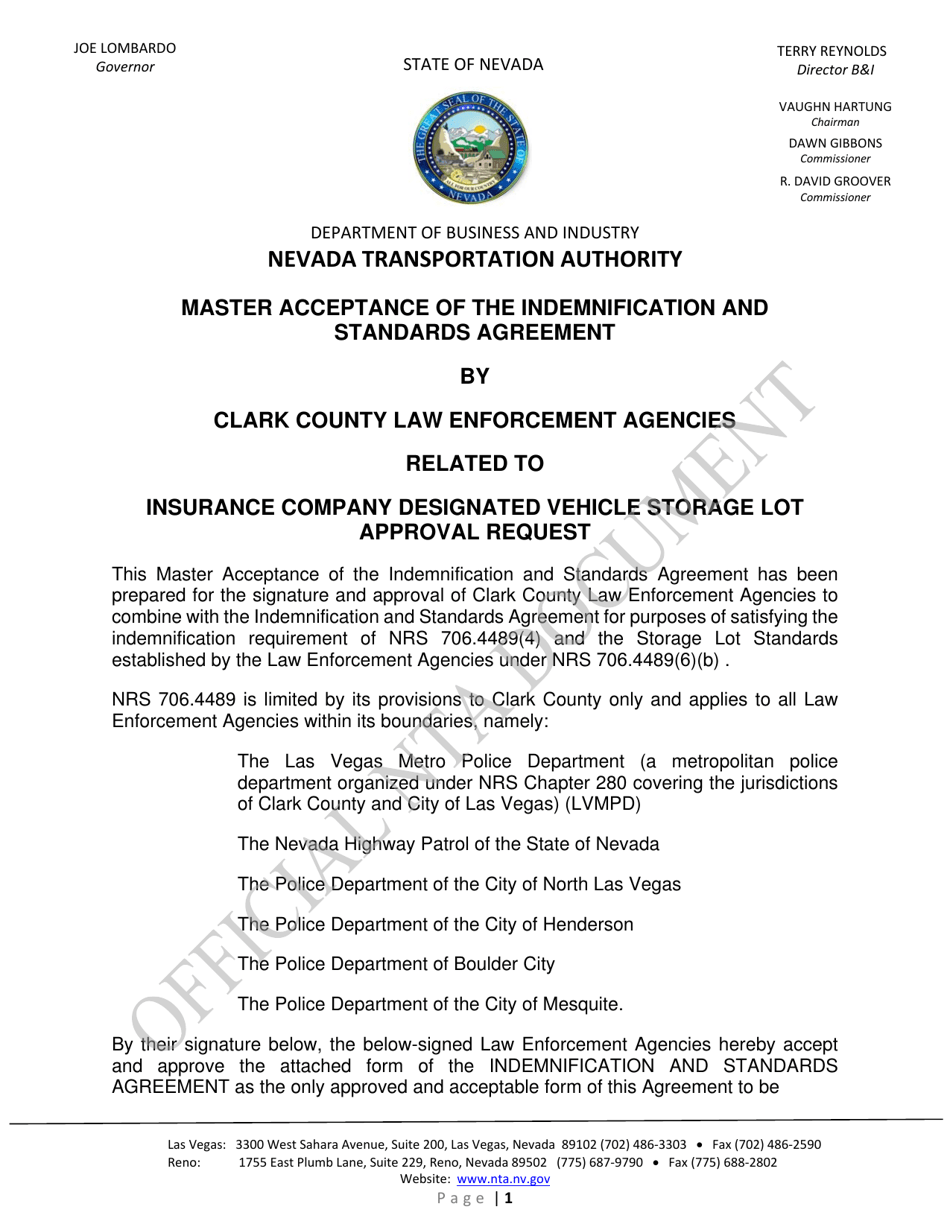 Master Acceptance of the Indemnification and Standards Agreement by Clark County Law Enforcement Agencies Related to Insurance Company Designated Vehicle Storage Lot Approval Request - Nevada, Page 1