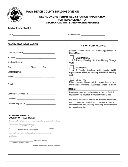 Decal Online Permit Registration Application for Replacement of Mechanical Units and Water Heaters - City of Palm Beach, Florida