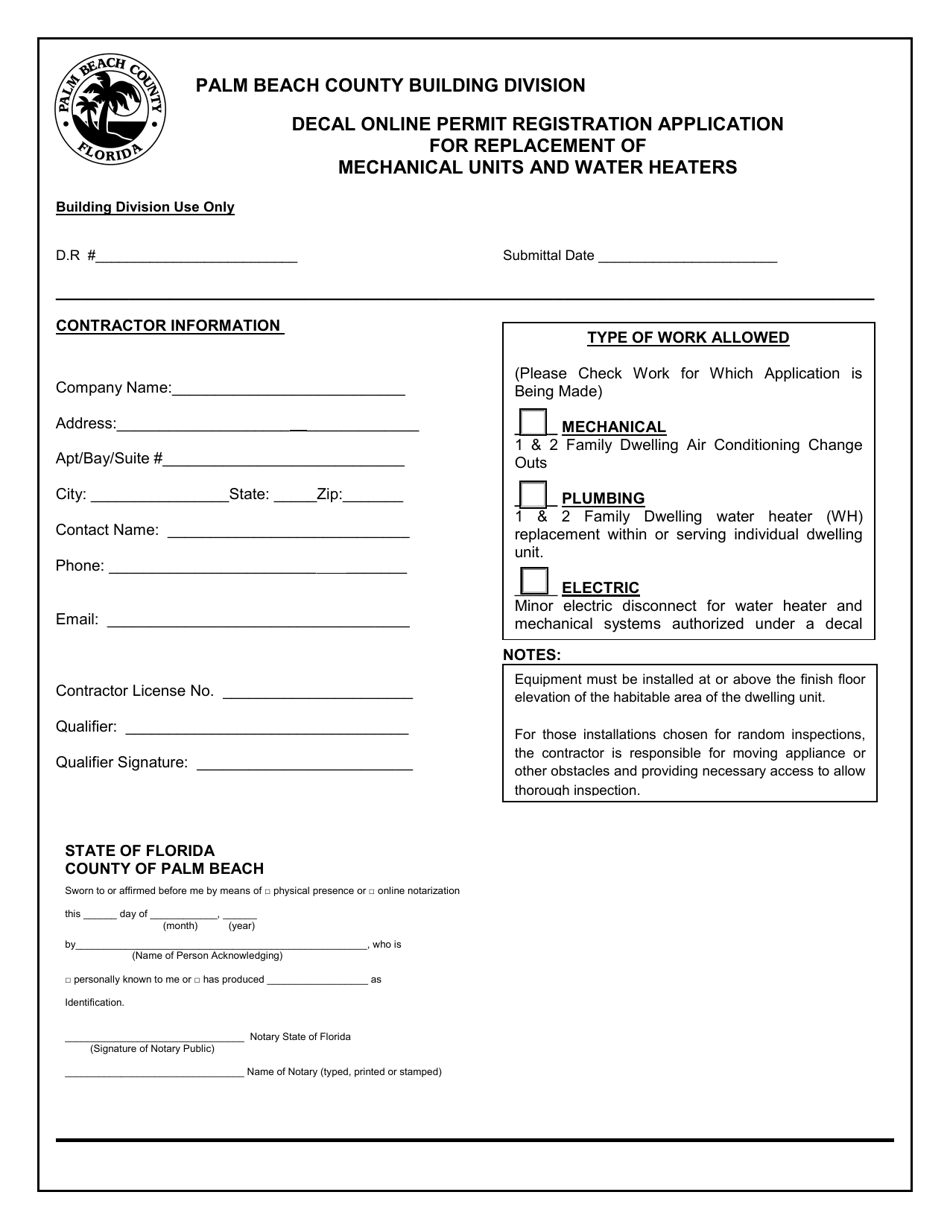 Decal Online Permit Registration Application for Replacement of Mechanical Units and Water Heaters - City of Palm Beach, Florida, Page 1