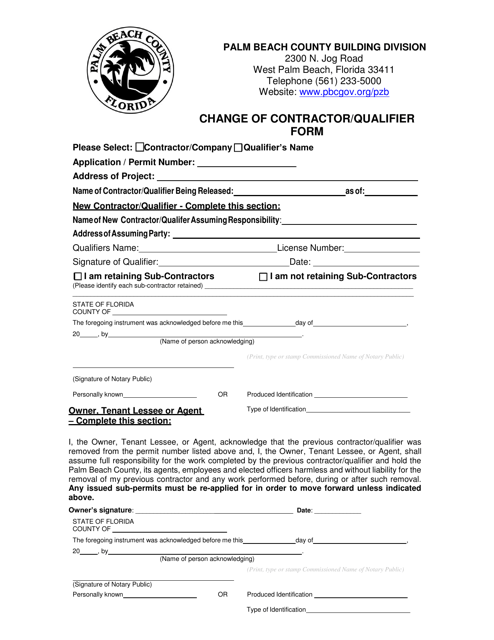 Change of Contractor / Qualifier Form - City of Palm Beach, Florida Download Pdf