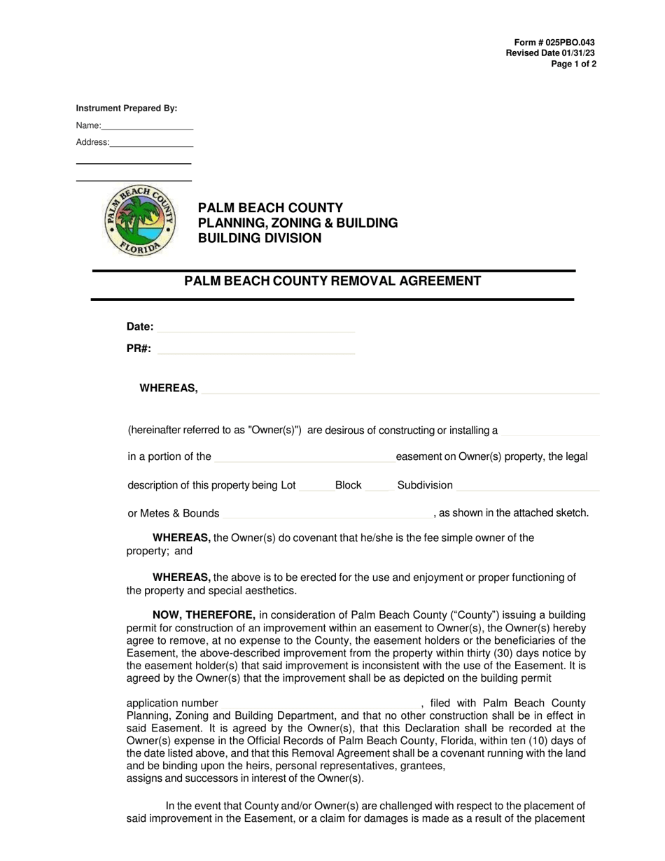 Form 025PBO.043 Palm Beach County Removal Agreement - Florida, Page 1