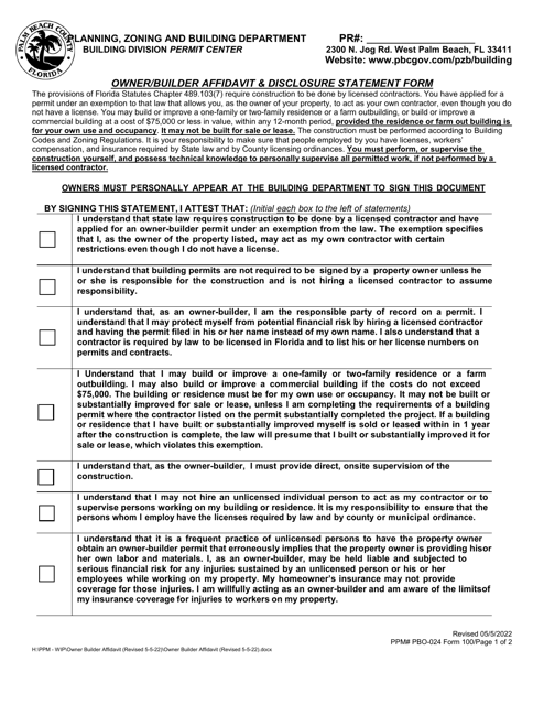 Form 100 Owner/Builder Affidavit & Disclosure Statement Form - City of Palm Beach, Florida