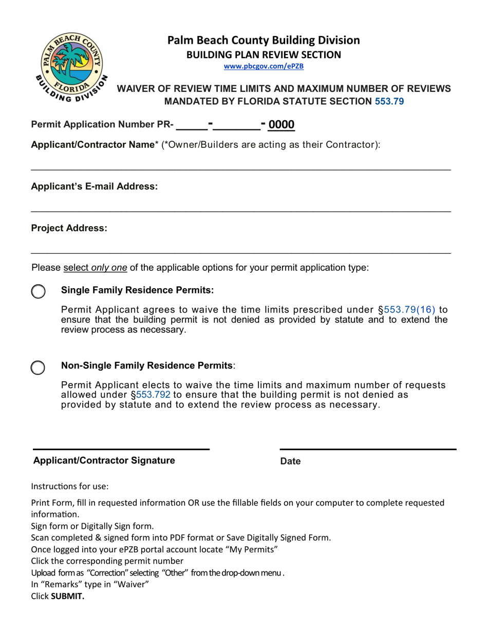 Waiver of Review Time Limits and Maximum Number of Reviews Mandated by Florida Statute Section 553.79 - Palm Beach County, Florida, Page 1