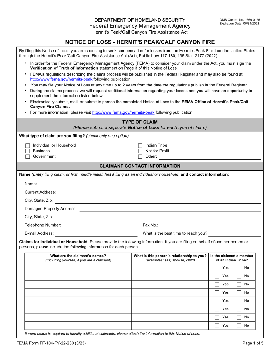 Fema Form Ff Fy Download Fillable Pdf Or Fill Online Notice Of Loss Hermit S Peak