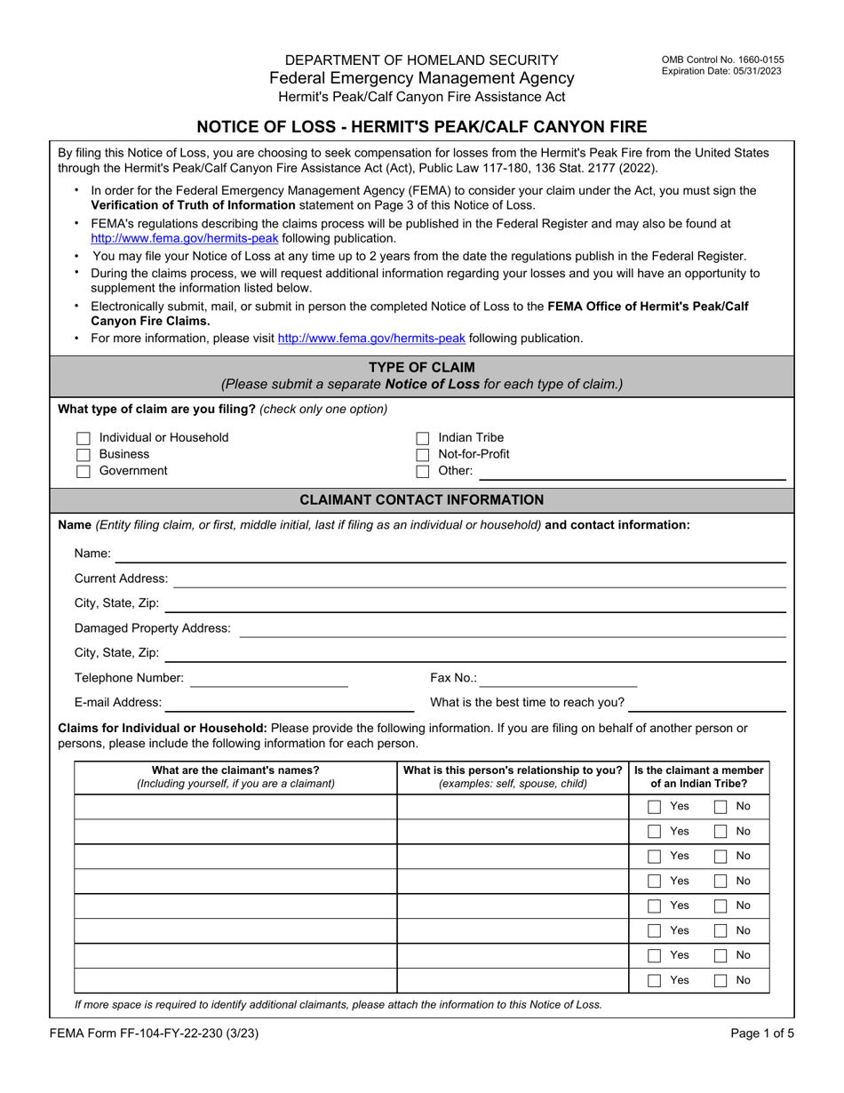 FEMA Form FF-104-FY-22-230 Notice of Loss - Hermits Peak / Calf Canyon Fire, Page 1