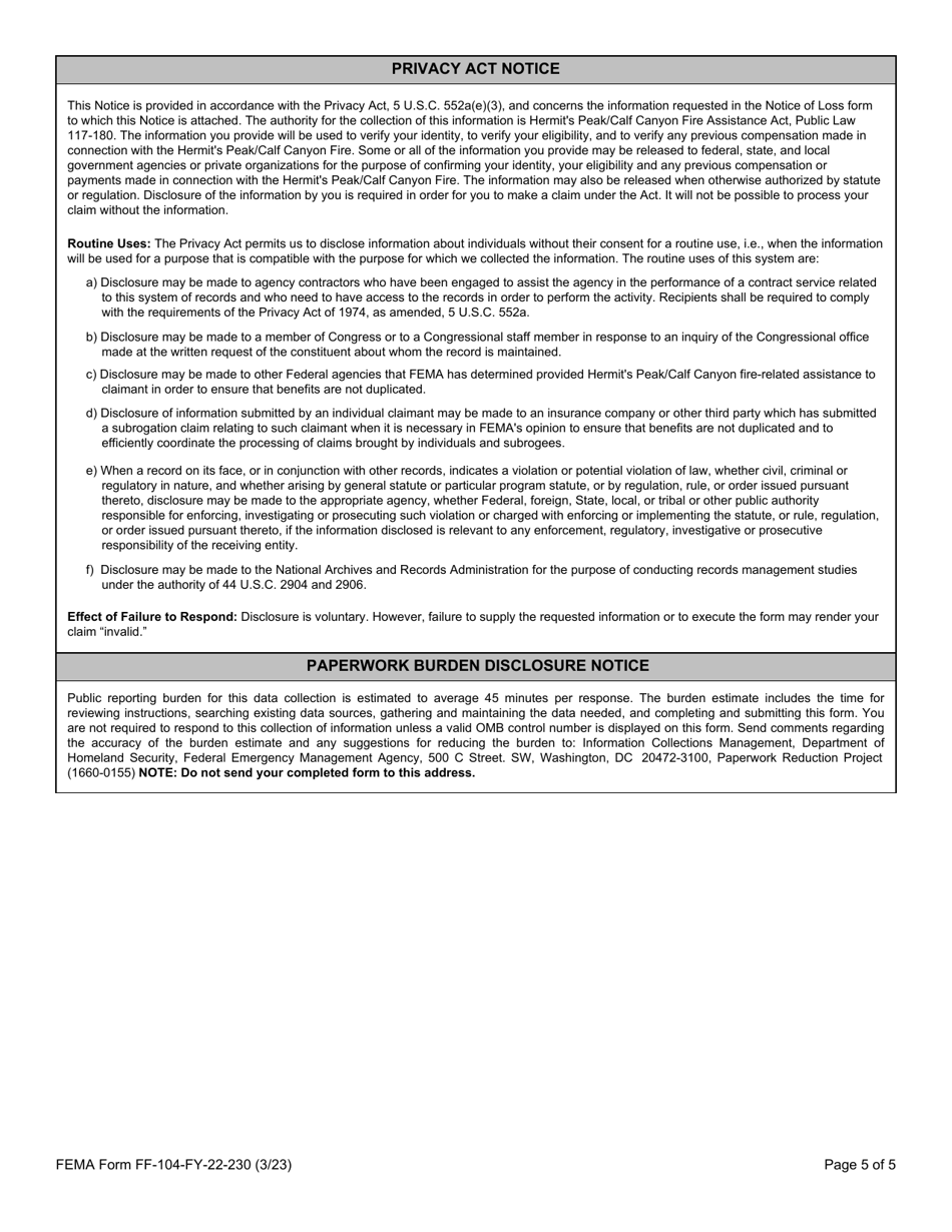 FEMA Form FF-104-FY-22-230 Download Fillable PDF or Fill Online Notice ...