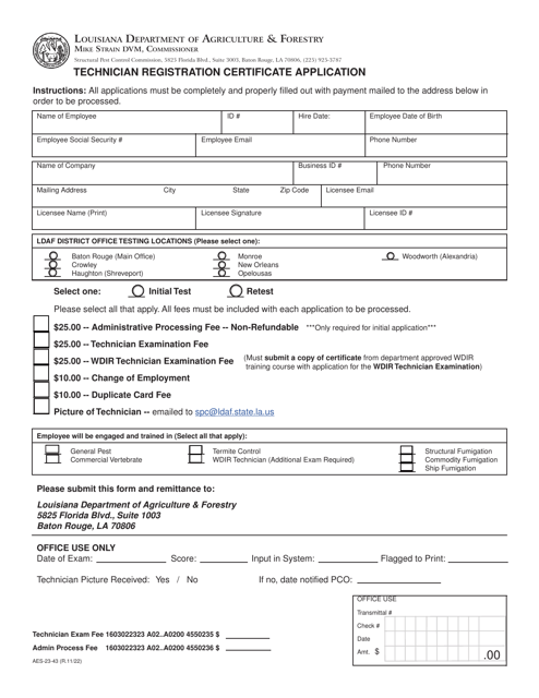 Form AES-23-43 Technician Registration Certificate Application - Louisiana